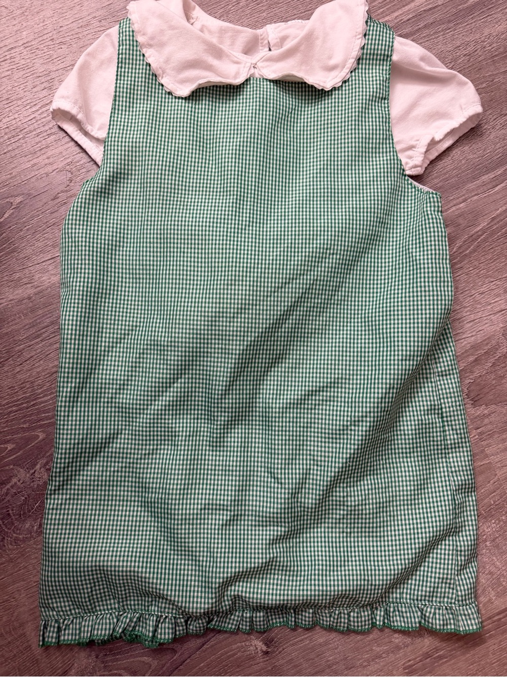 Girls Green Gingham Sleeveless Dress with White Peter Pan Collar